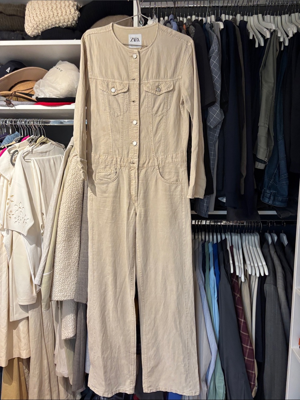 Zara Beige Long Sleeve Utility Jumpsuit